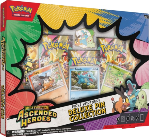 Pokemon TCG First Partners Deluxe Pin Collection – Tepig Totodile Chikorita + 5 Boosterów