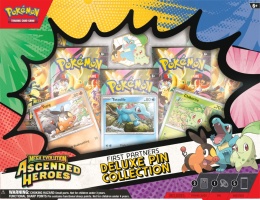 Pokemon TCG First Partners Deluxe Pin Collection – Tepig Totodile Chikorita + 5 Boosterów