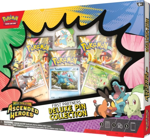 Pokemon TCG First Partners Deluxe Pin Collection – Tepig Totodile Chikorita + 5 Boosterów
