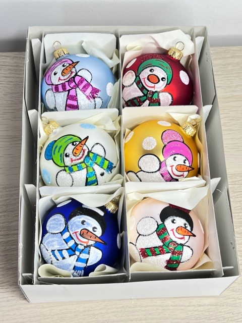 Bombki szklane Bałwanki – średnica 8 cm (komplet 6 sztuk)