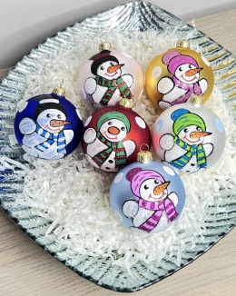 Bombki szklane Bałwanki – średnica 8 cm (komplet 6 sztuk)