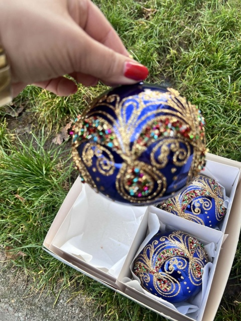 BOMBKI SZKLANE KOBALTOWE ZDOBIENIE KOLOROWE 12 CM