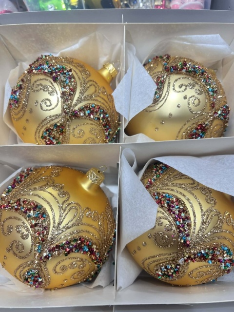 BOMBKI ZŁOTY MAT Z KOLOROWYM ZDOBIENIEM 12 CM